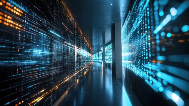 Data center corridor, glowing code streams, server racks, digital infrastructure, tech background