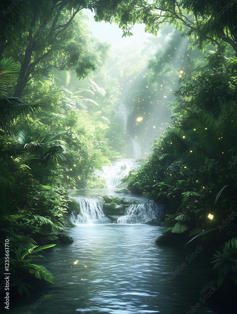 Poster Serene jungle scene with a flowing stream and soft light filtering through lush greenery.