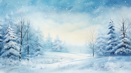 Fototapeta premium Tranquil winter landscape with snowy trees and soft watercolor sky for seasonal design and decor
