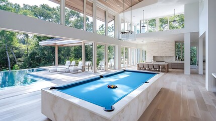Fototapeta premium Luxurious Modern Home Interior with Pool Table Infinity Pool and Expansive Windows