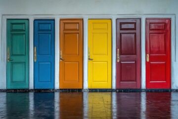 A high-resolution image of colorful closed doors in a row, emphasizing individuality and choices.