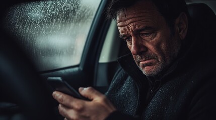 Worried middle-aged man using smartphone inside a car on a rainy day