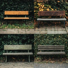 Diverse Park Benches Displaying Different Styles and Textures in Nature
