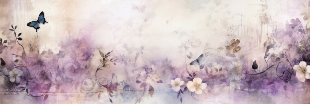 Ethereal spring-inspired junk journal background with floral and butterfly elements for creative designs