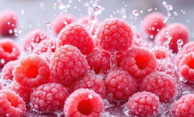 Fresh raspberries splashing in water