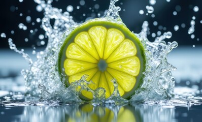 Fresh lime slice splashing in water
