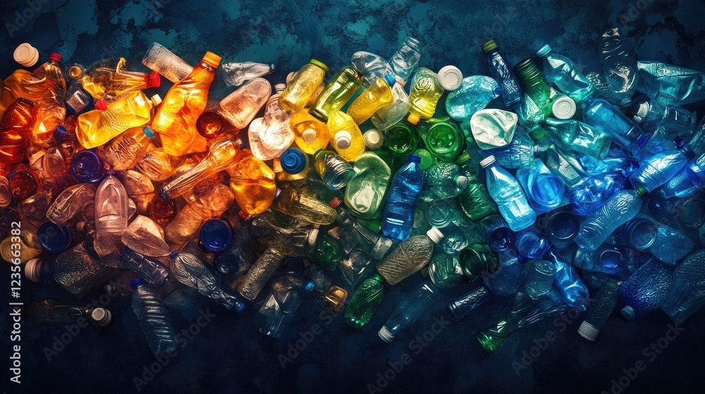 Poster a composition of discarded plastic bottles in vibrant colors, set against a dark backdrop to create 