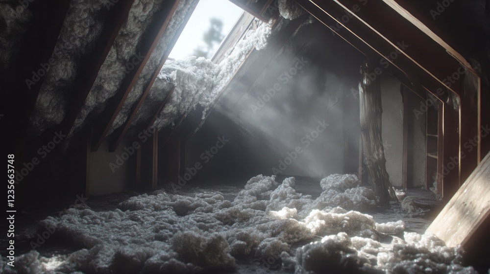 Poster A construction zone in an attic, with insulation visible and sunlight streaming through a skylight, capturing the potential of the evolving space
