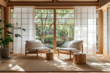 Fototapeta premium A Japandi interior with cozy chairs, natural light, and wooden accents creating a calm atmosphere