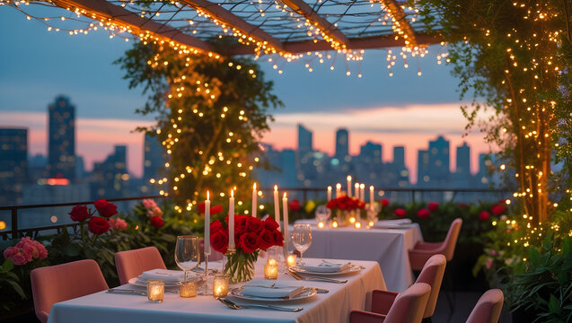 A romantic rooftop dinner for two with fairy lights, candlelit greenery, red rose centerpieces, fine china, and a city skyline backdrop, creating an intimate, magical atmosphere.