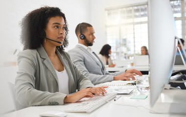 Advisor, computer and businesswoman in call center for consulting, online help and loan advice....