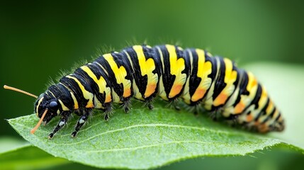 Fototapeta premium Colorful Caterpillar with Black and Yellow Stripes on a Leaf