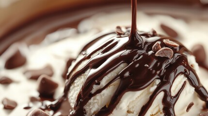 Decadent Chocolate Sauce Drizzling Over Creamy Vanilla Ice Cream