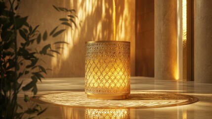 A detailed golden luxury pedestal featuring intricate patterns, displaying a high-end product, bathed in soft lighting that enhances its elegance