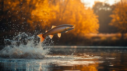 Fototapeta premium A fish leaps from the water, droplets frozen mid-air, running out of the river against a golden forest backdrop, capturing the essence of nature’s energy.