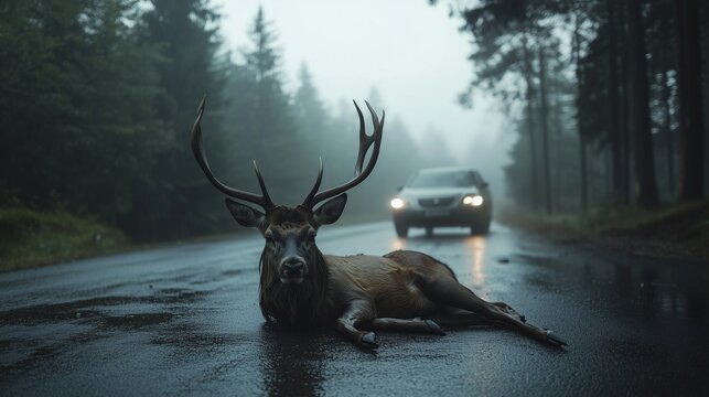 A somber scene of a deer lying motionless on a misty road, with a car running out of sight in the background, evoking a sense of loss and tragedy.







