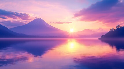Mountain at sunset with water reflecting light, serene landscape, use for nature themes