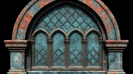 Obraz premium Old arched window with weathered brick frame, ideal for historical or fantasy projects