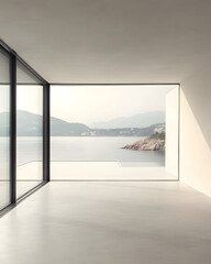 Fototapeta premium Interior View: Minimalist Room with Ocean and Mountain Vista