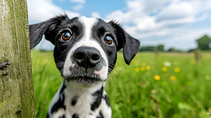 Curious puppy peering through fence, green field background. Perfect for pet adoption campaigns
