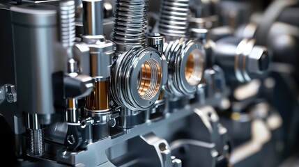 Fototapeta premium A detailed view of a diesel engine, set against a clean gray background, highlighting its robust design and functionality
