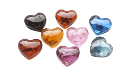 Group of colorful crystal hearts with transparent PNG background