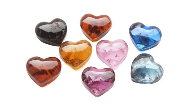Group of colorful crystal hearts with transparent PNG background