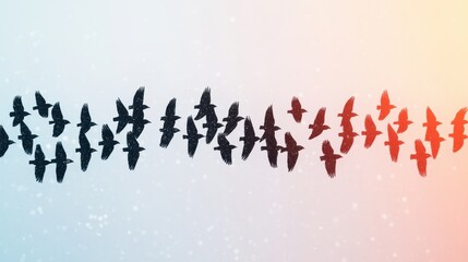 A flock of birds flying in a dynamic formation, transitioning from dark silhouettes to bright colors, creating a visually striking contrast against a soft background.