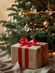 Beautifully wrapped Christmas gift box with a red ribbon under a decorated Christmas tree, glowing with fairy lights and golden ornaments, creating a cozy holiday atmosphere
