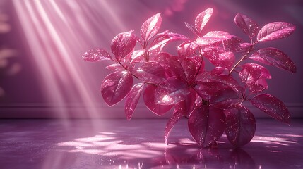 Plant with pink leaves in light beams indoors for backgrounds and presentations
