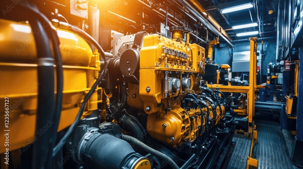 Poster a diesel engine inside a vehicle repair workshop, with mechanics adjusting components, focusing on t