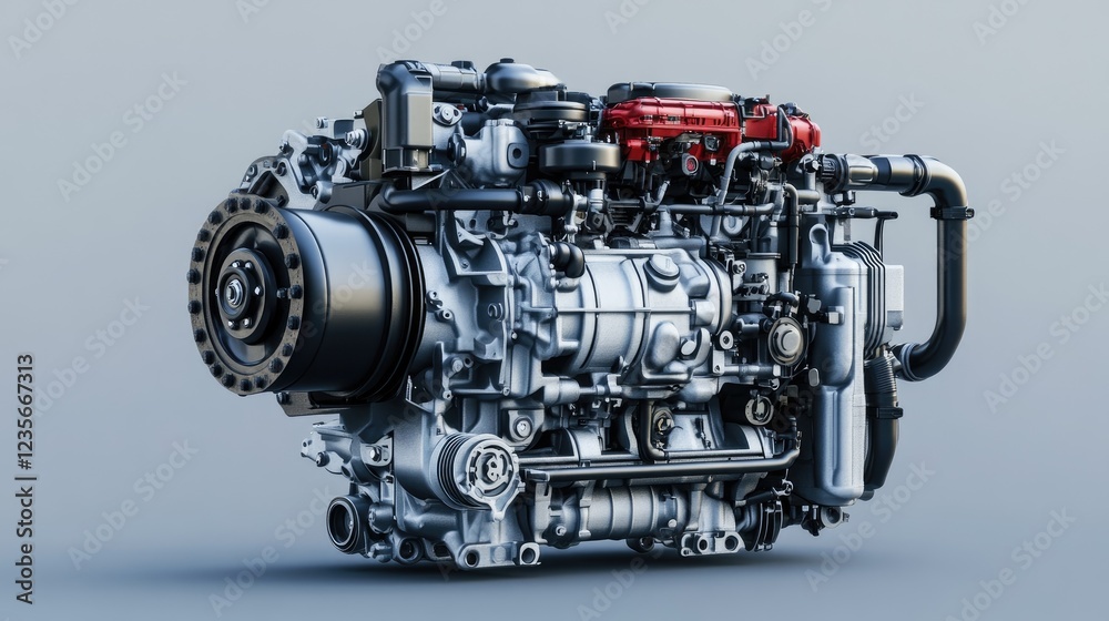 Aufkleber a diesel engine isolated on a gray background, focusing on its intricate components and industrial q