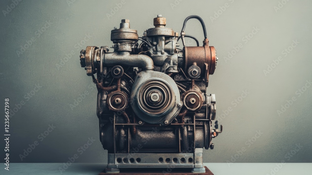 Poster A diesel engine placed on a simple gray background, emphasizing its mechanical structure and engineering excellence
