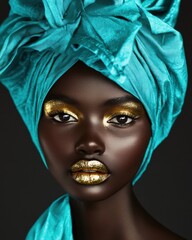 Naklejka premium Elegant model with vibrant headwrap and makeup.