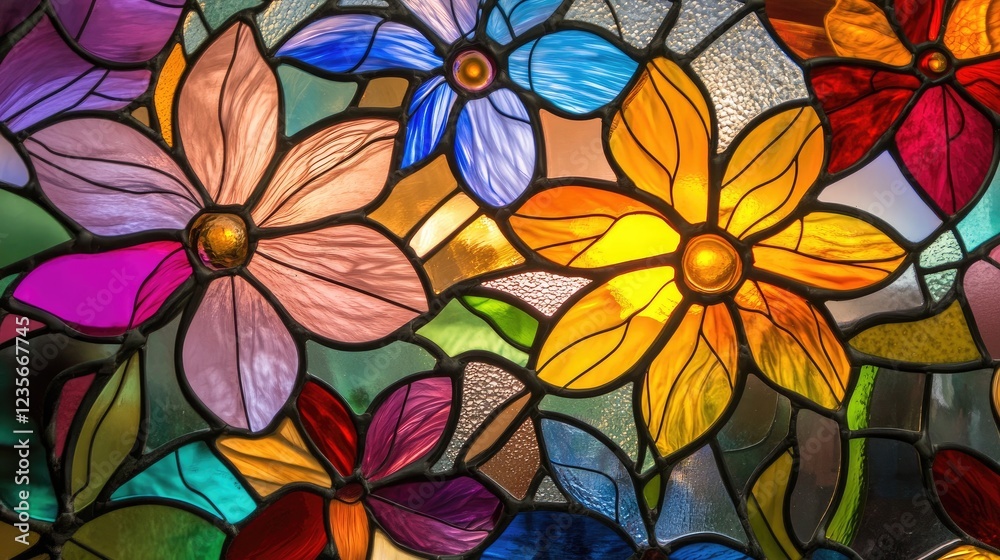 Poster a display of intricate floral designs in vibrant stained glass, glowing with radiant colors and deli
