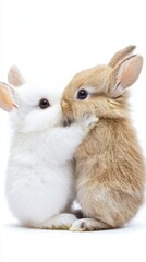 Obraz premium Cute White and Brown Rabbits Cuddling Together on White Background