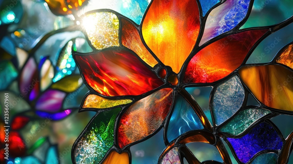Poster a display of intricate floral designs in vibrant stained glass, glowing with radiant colors and deli