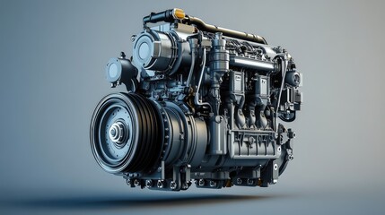 A diesel engine isolated on a gray background, focusing on its intricate components and industrial quality