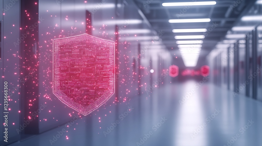 Poster Digital security shield in a modern data center, illuminated by red holographic effects.
