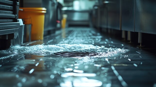 A drain in a commercial kitchen floor with water and cleaning solution flowing into it, capturing the hustle of daily restaurant cleaning tasks