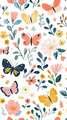 Colorful Floral and Butterfly Pattern on White Background