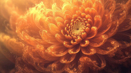 A high-resolution macro photograph of a stunning chrysanthemum, featuring rich golden-yellow and soft peachy hues blending seamlessly in its layered petals, with a complex