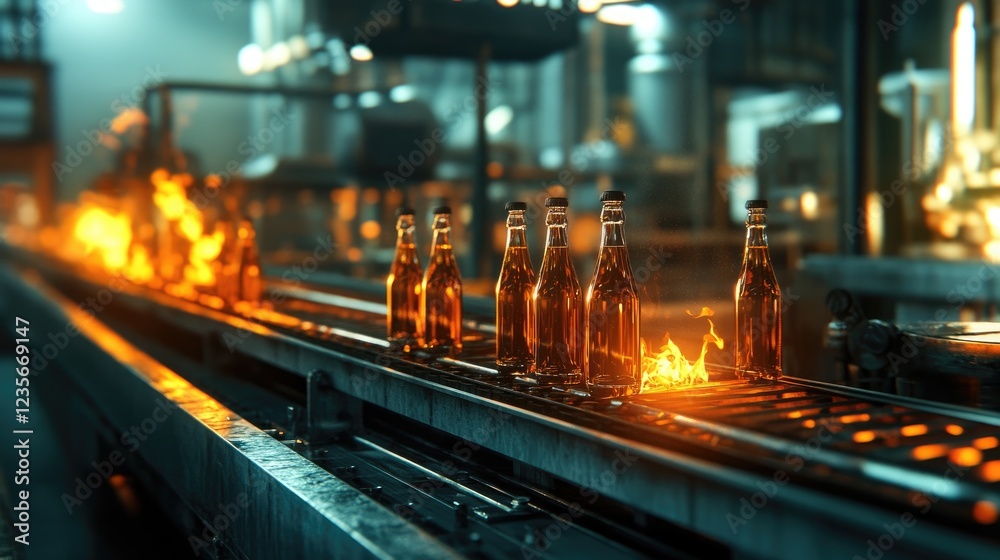 Poster A factory conveyor with glass bottles being pasteurized by fire, illustrating the industrial processing of beverages in an efficient production line