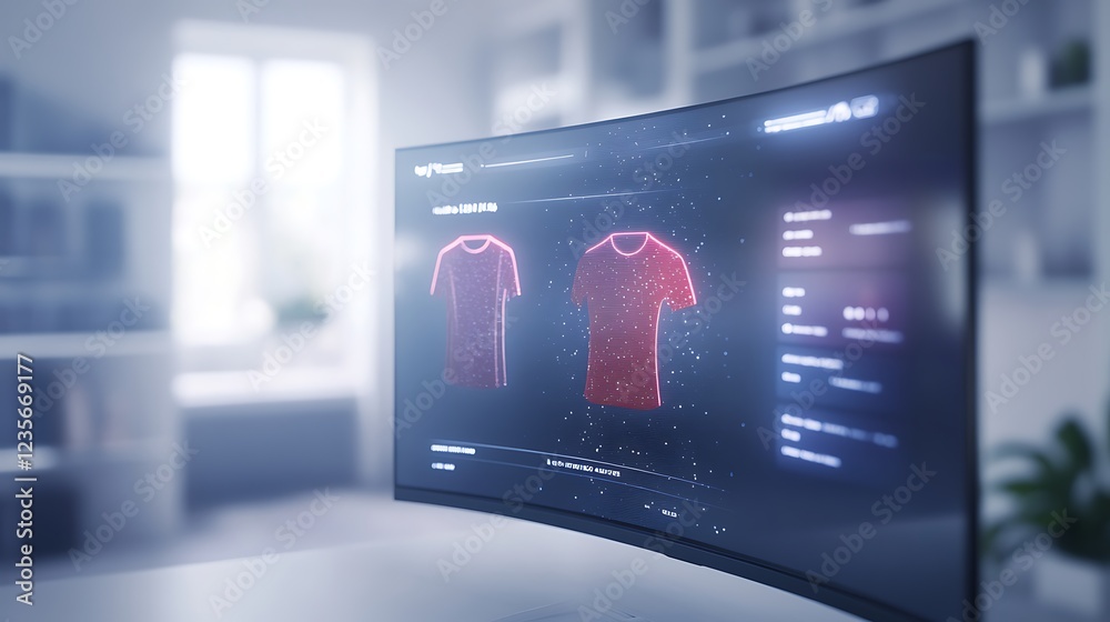 Leinwandbilder Digital display showcasing red shirts with interactive features in a modern setting.
