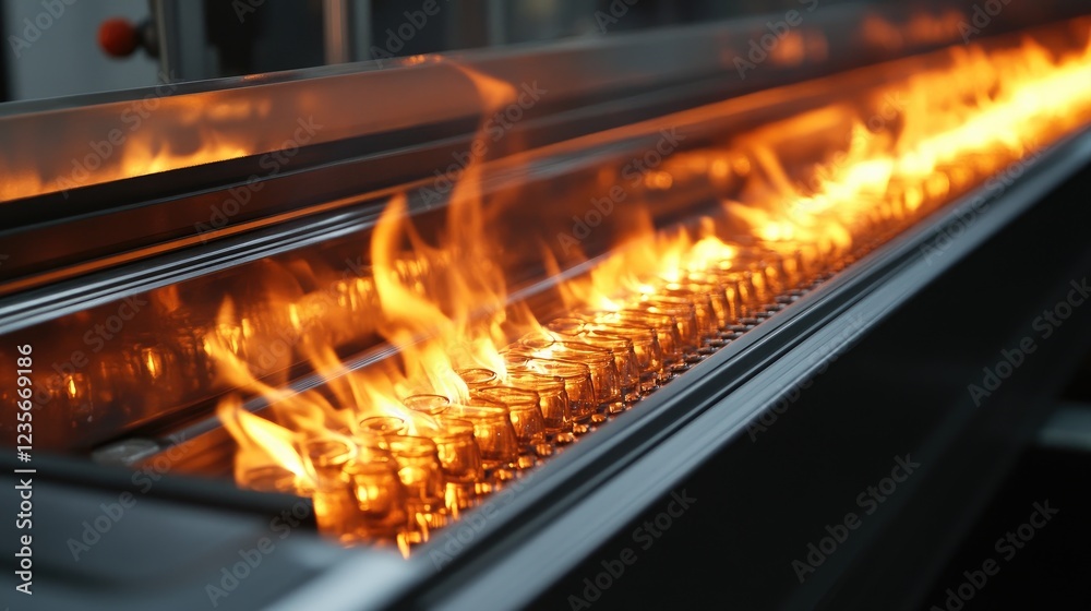 Poster A factory conveyor with glass bottles being pasteurized by fire, illustrating the industrial processing of beverages in an efficient production line