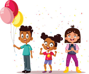 Naklejka premium Little Kids Party Together Vector Cartoon Illustration. Children celebrating anniversary together with confetti 