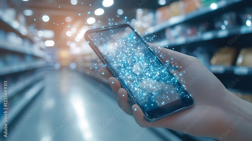Aufkleber a hand holds a smartphone emitting sparkling effects in a store aisle.