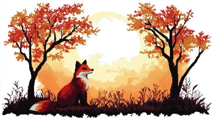 Fox among autumn trees with glowing sunset.