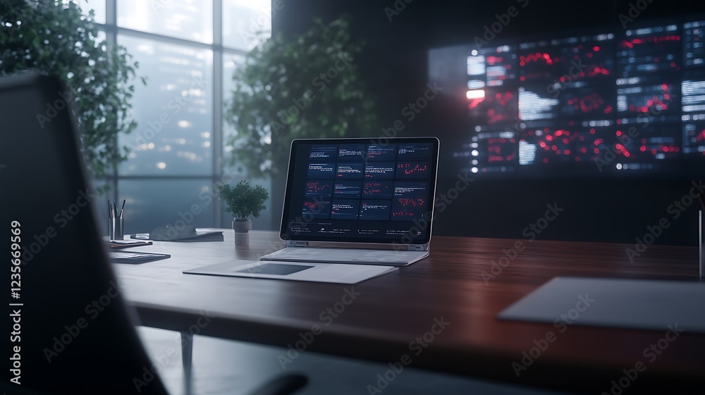 Poster modern office workspace featuring a laptop, documents, and digital screens with data visualizations.