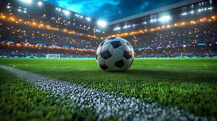 Naklejka premium Soccer ball on stadium field, night game, crowd